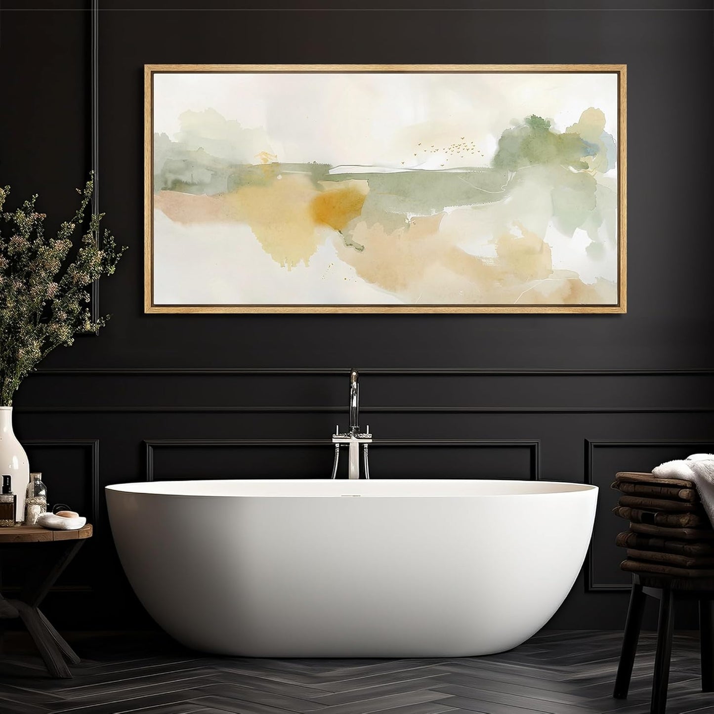 MUDECOR Extra Large Framed Canvas Print Wall Art Serene Watercolor Landscape in Green and Yellow Tones Antique Retro Fine Art Illustrations Decorative Colorful for Bedroom - 60"x30"