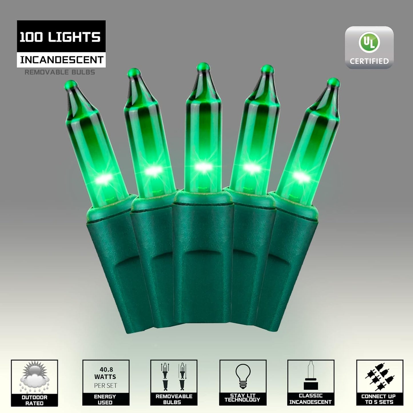 100LIGHTS Green Extra-Bright with End Connectors Christmas Decorative Lights 5.98m UL Certified Mini String Light Set Waterproof for Home Garden Holiday Christmas Tree Party Patio Wedding