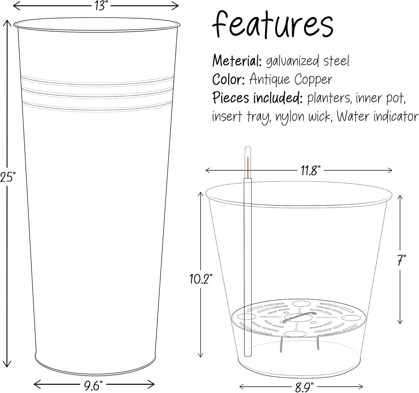 KOL 25'' Tall Galvanized Steel Planter Pot with Water Level Indicator - 2-Pack Self Watering Planters Flower Pot for Plants - Round Powder Metal Planter Box - Indoor Outdoor Grande Plant - Bronze