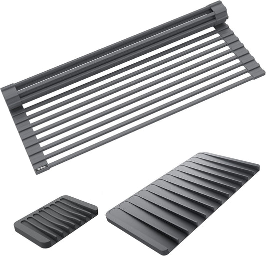 Kraus Roll Up Dish Drying Rack with Self-Draining Silicone Dish Drying Mat and Silicone Soap Dish Holder in Dark Grey, KDM-KRM-10DG