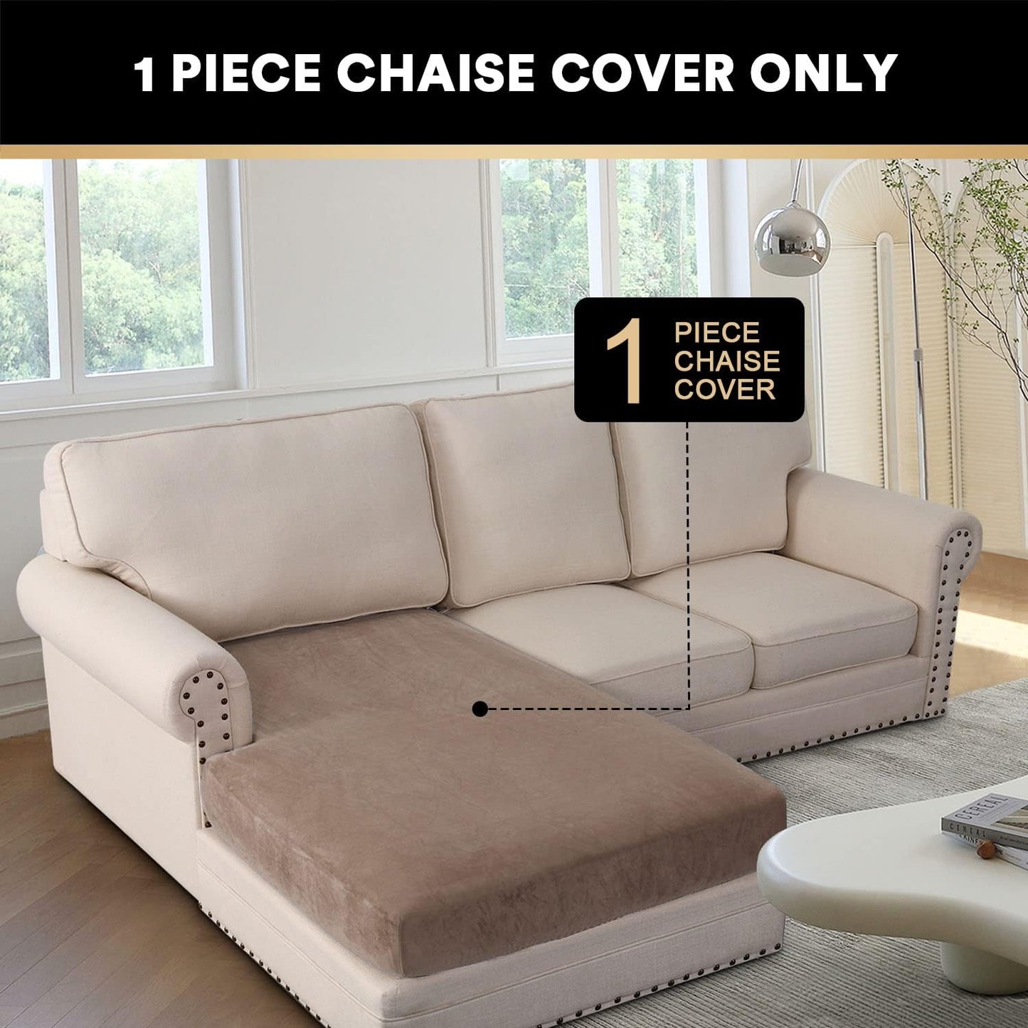 PrinceDeco Sectional Couch Covers Velvet Couch Cover for Dogs Washable L Shaped Couch Cover 1 Piece Individual Sectional Couch Covers with Elastic Bottom(Chaise Lounge,Taupe)