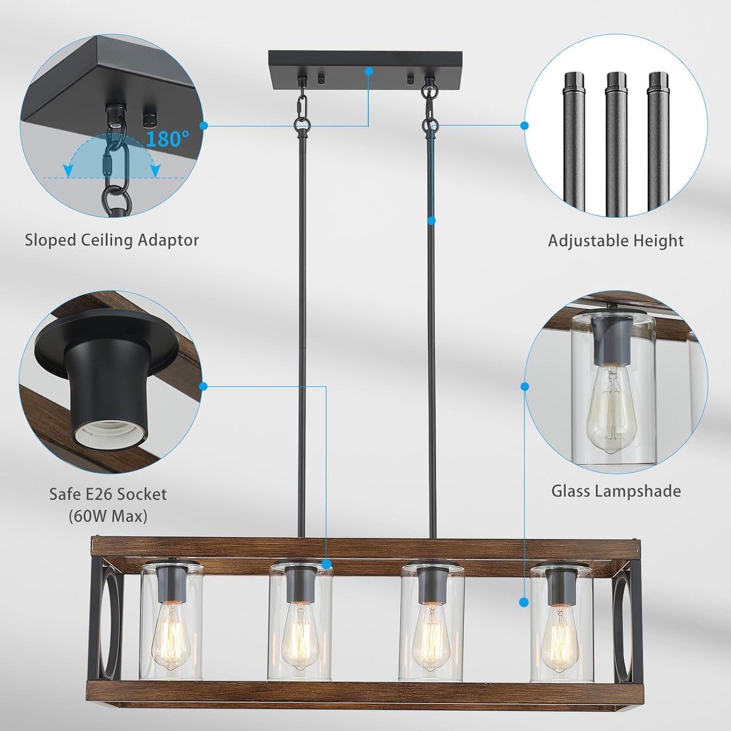 XINGQI Rectangle Chandeliers 31.5" Farmhouse Kitchen Island Lighting Fixture Over Table Modern Vintage Linear Hanging 4-Light for Dining Room Living Room Black Wood Grain Finish with Glass Lampshade