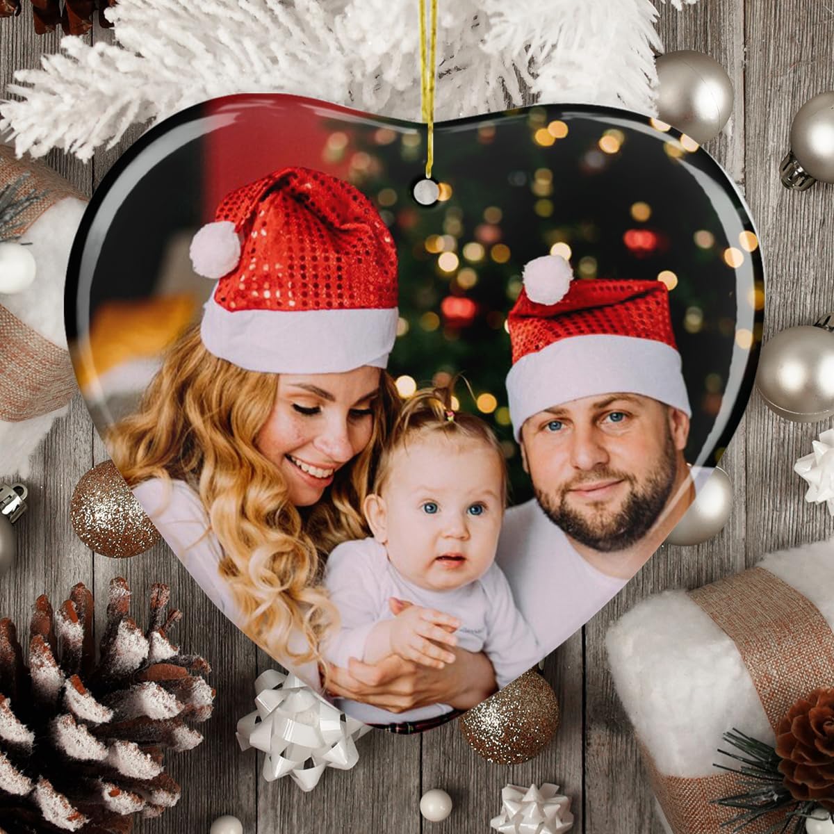 Personalized Christmas Ornaments with Photo and Text, Custom Heart Shape Ceramic Hanging Ornament with Picture for Christmas Tree, Customized Xmas Gift for Parents Family