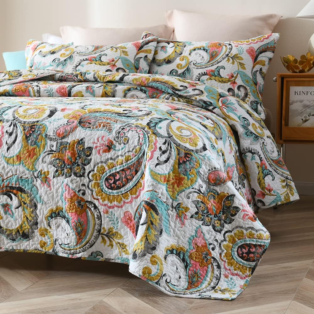 Autumn Dream Cotton Bedspread Quilt Sets, 3 Pieces Reversible Comforter Coverlet Sets,White Floral Paisley,King Size