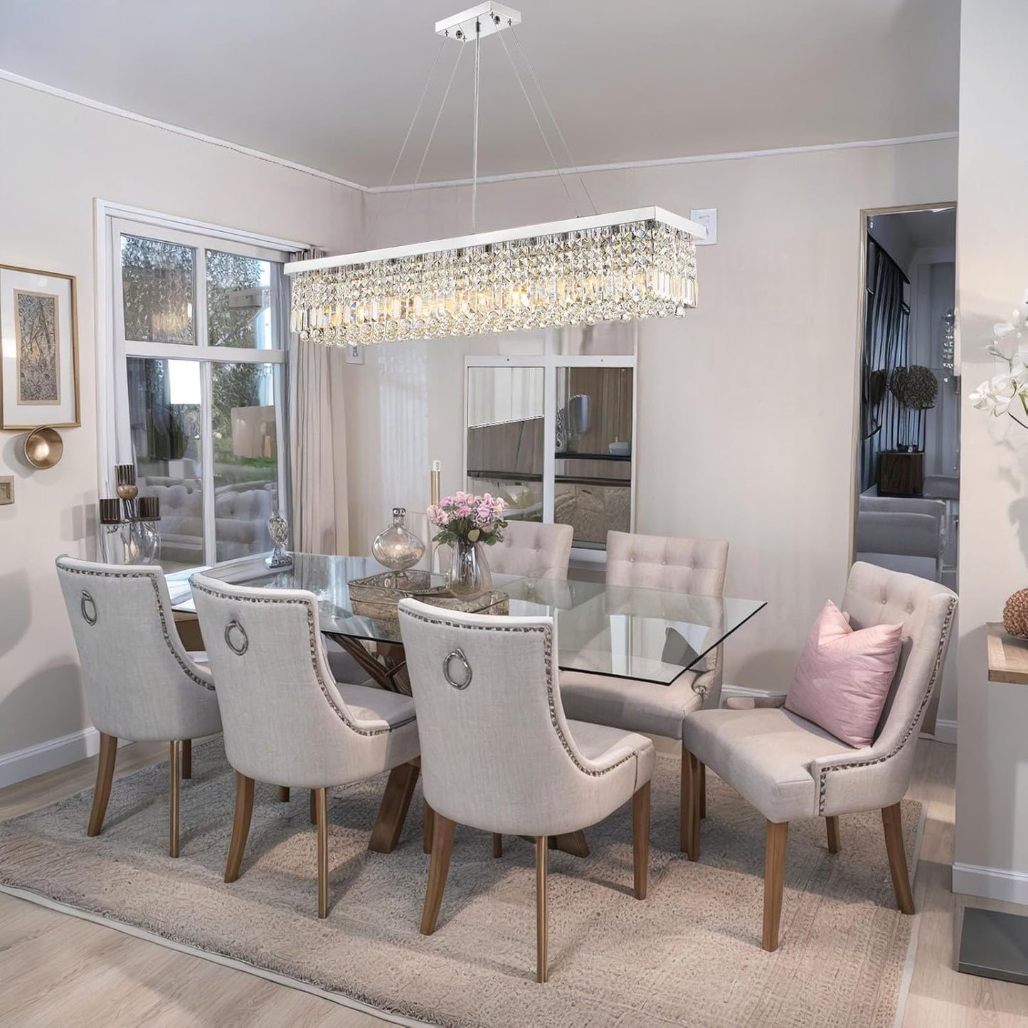 Rectangle K9 Crystal Chandelier,10 Lights Modern Rectangular Hanging Ceiling Pendant Light Fixture for Dining Room Kitchen Island,Polished Chrome Finish L47''xW10''xH10''