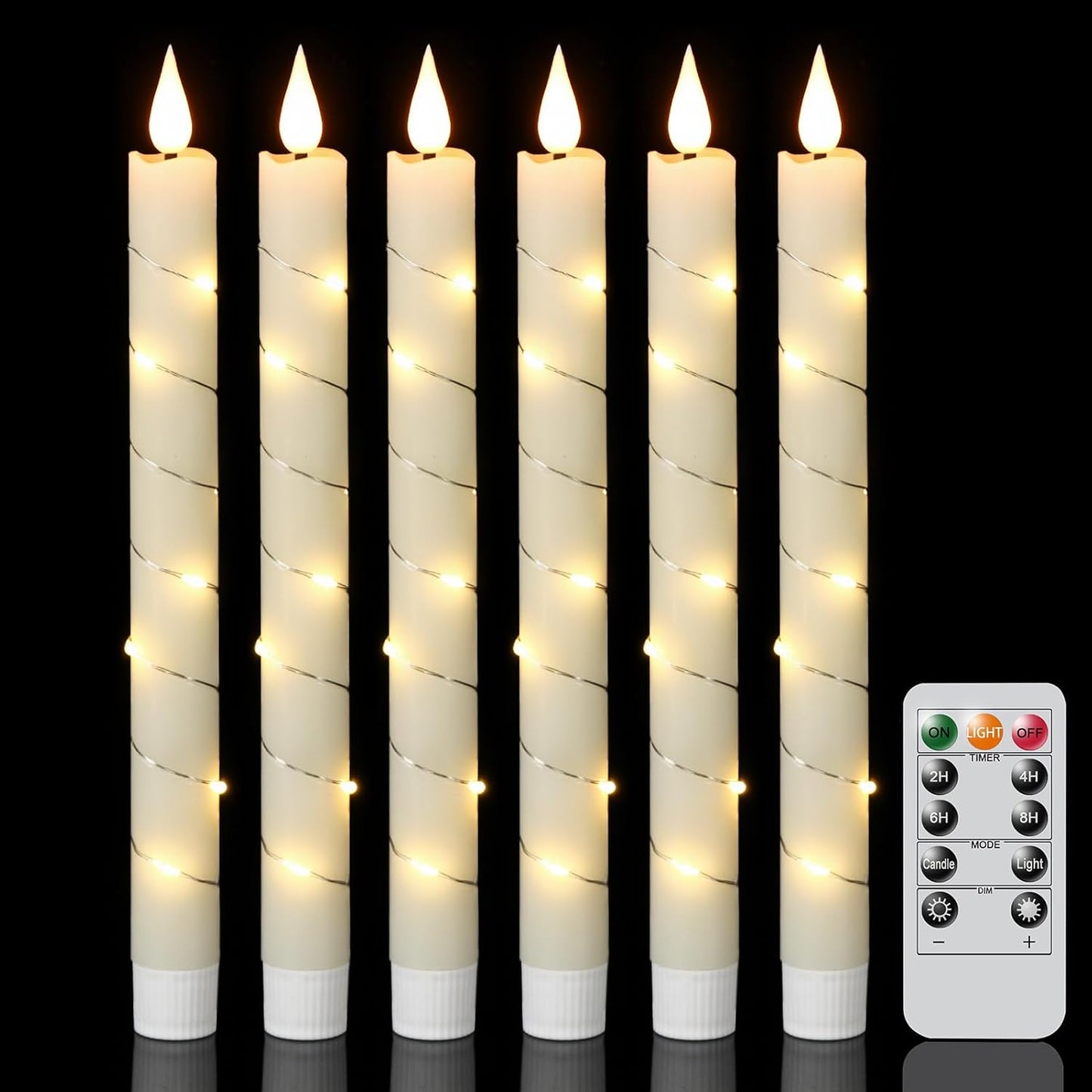 GenSwin Flameless Taper Candles with Remote and String Lights, Ivory Real Wax Taper Candles Battery Operated, LED Flameless Battery Candlesticks for Home Holiday Decor(Set of 6)