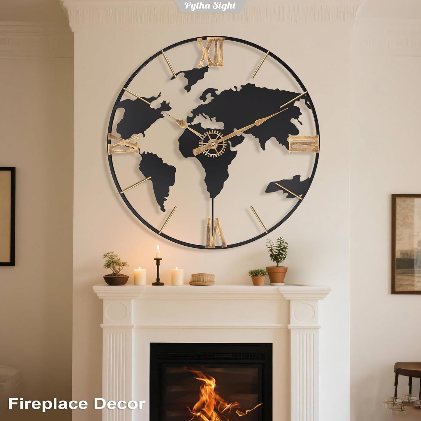 24 Inch Large Wall Clock,Modern Decorative Big World Map with Vintage Gold Roman Numeral Extra Giant Metal Oversized Wall Clocks for Living Room,Office,Kitchen,Dining Room,Bedroom