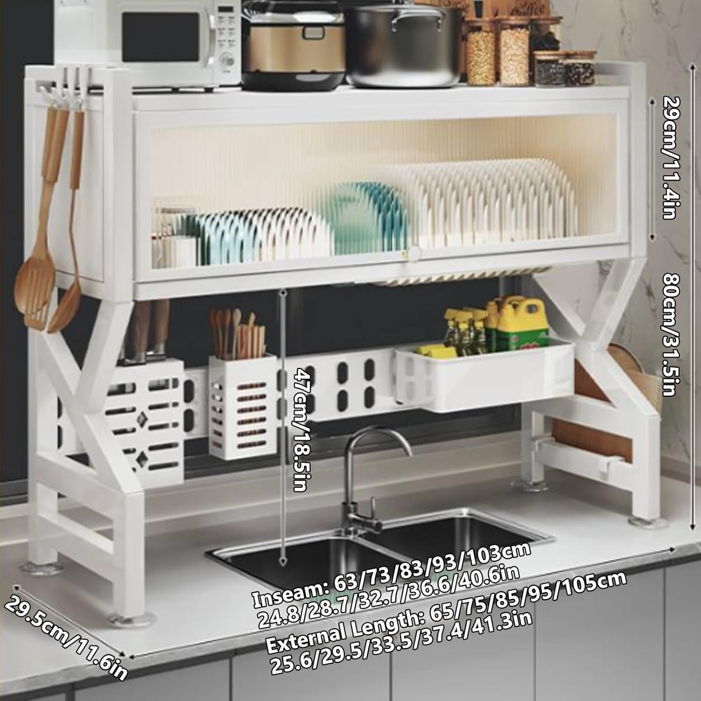 Kitchen sink rack dishwashing sink countertop dustproof cupboard storage multifunctional tableware storage drain rack double layer,KeepKitchen Sink Shlef Organized Space-Saving(Black,85cm/33.5in)