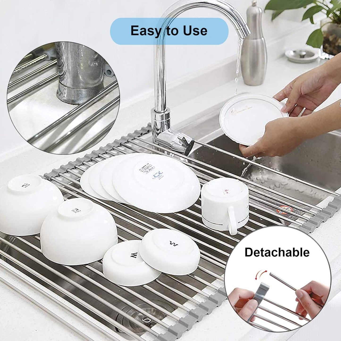 Searik Roll up Dish Drying Rack, Over The Sink Rolling Dish Drainer Rack Multipurpose Foldable Kitchen Stainless Steel Dish Rack Sink Drying Rack for Kitchen Sink Counter (17"x 15.7")