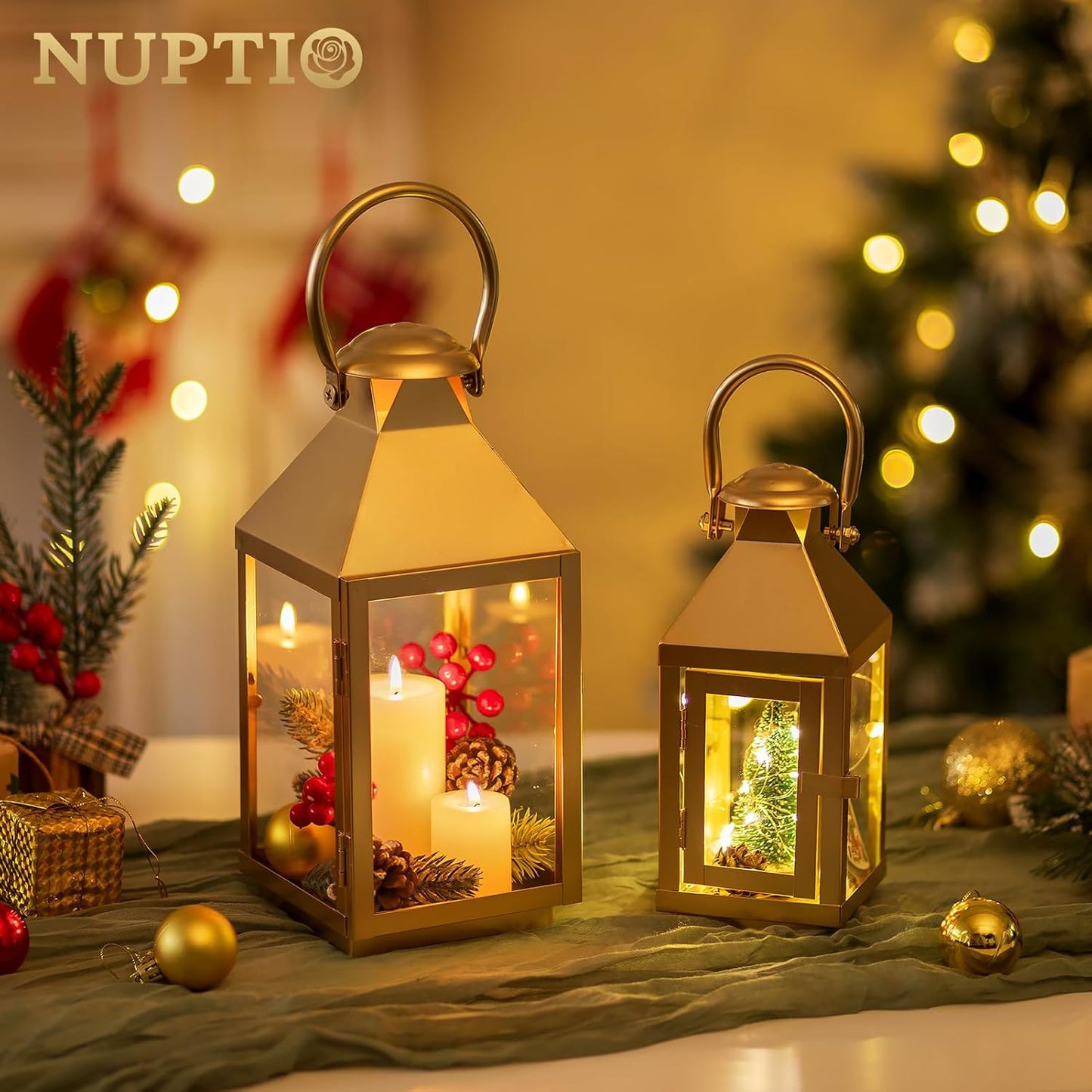 NUPTIO Gold Lanterns Decorative for Wedding: 11.3 Inch Tall Metal Lantern Decor with Glass - Outdoor Candle Holder for Table Centerpiece Dining Room Mantel Patio