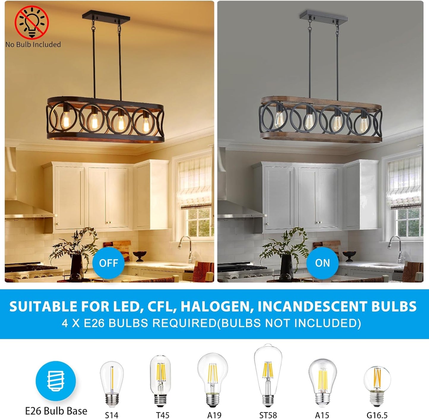 XINGQI Rectangular Linear Kitchen Island Chandeliers Over Table 32.7" Black Pendant Lighting Fixtures Farmhouse 4-Light for Dining Room Bar Office Coffee Shop, Black Wood Grain