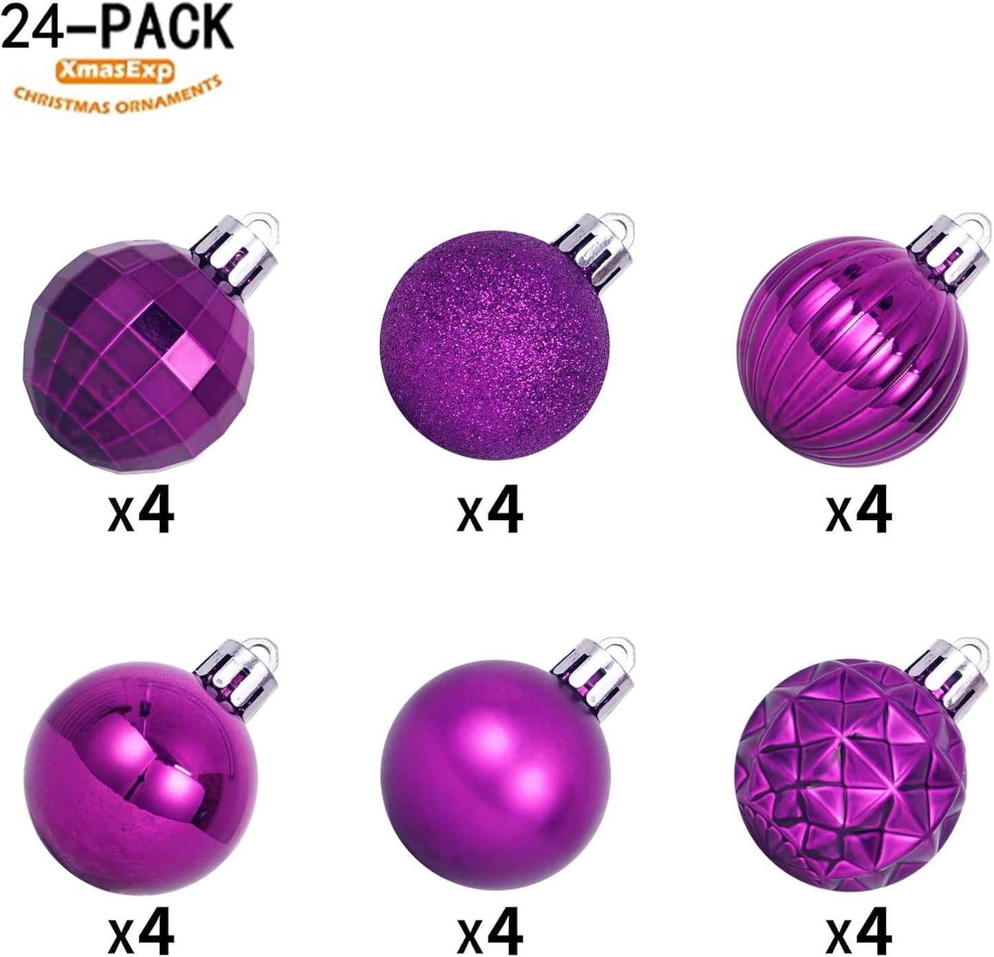 XmasExp 24ct Christmas Ball Ornaments Shatterproof Christmas Ornaments Set Decorations for Xmas Tree Balls Halloween Decorations 40mm/1.57” (1.57'', Purple)