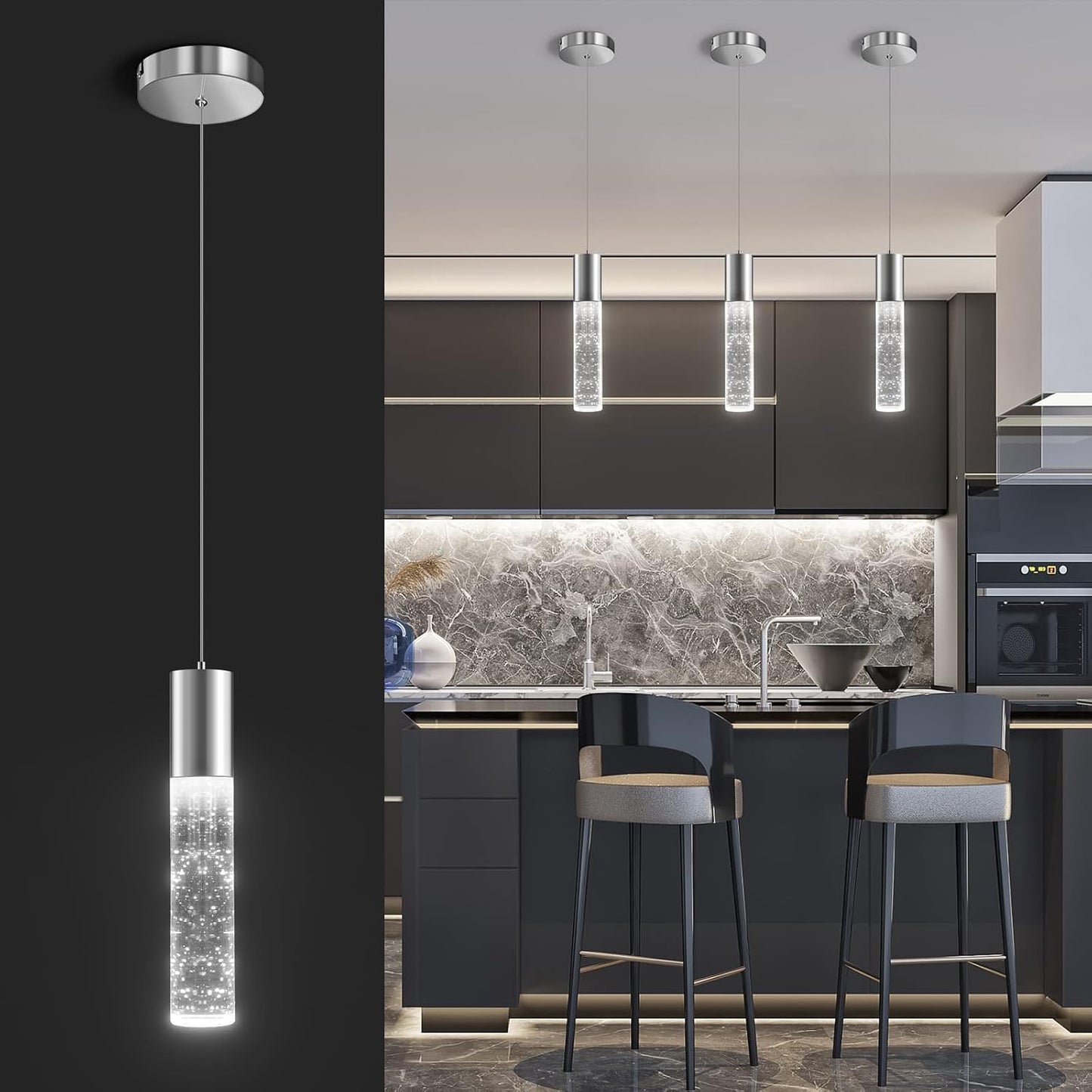 OKELI Pendant Lights Kitchen Island 1 Pack, 6000K Modern LED Bubble Crysta Pendant Light, Chrome Mini Single Island Lights Hanging Lighting for Dining Room, 6W, ETL
