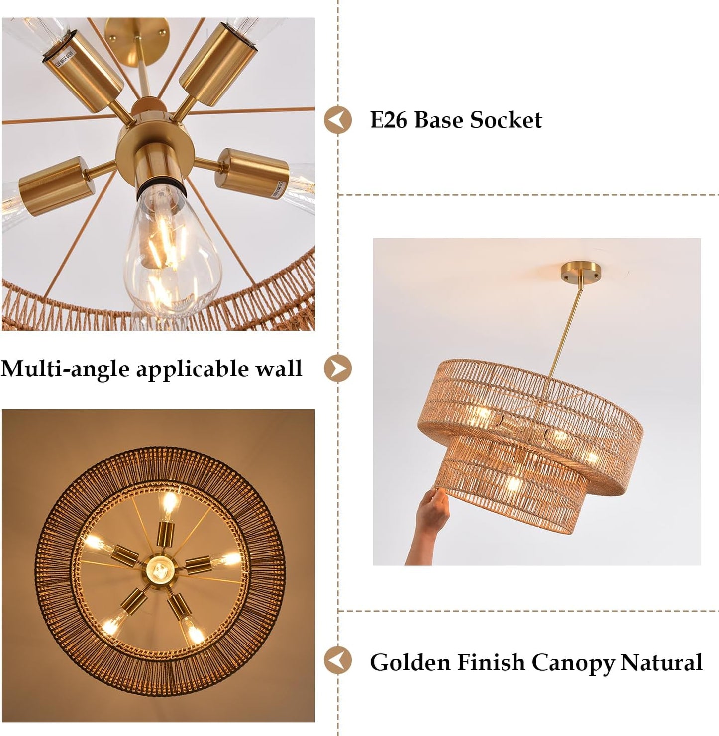 23.62" 6-Light Rattan Farmhouse Chandelier, Boho Large Pendant Light, Large Wicker Chandelier Light Fixtures, Hand Woven Chandeliers, for Dining Room