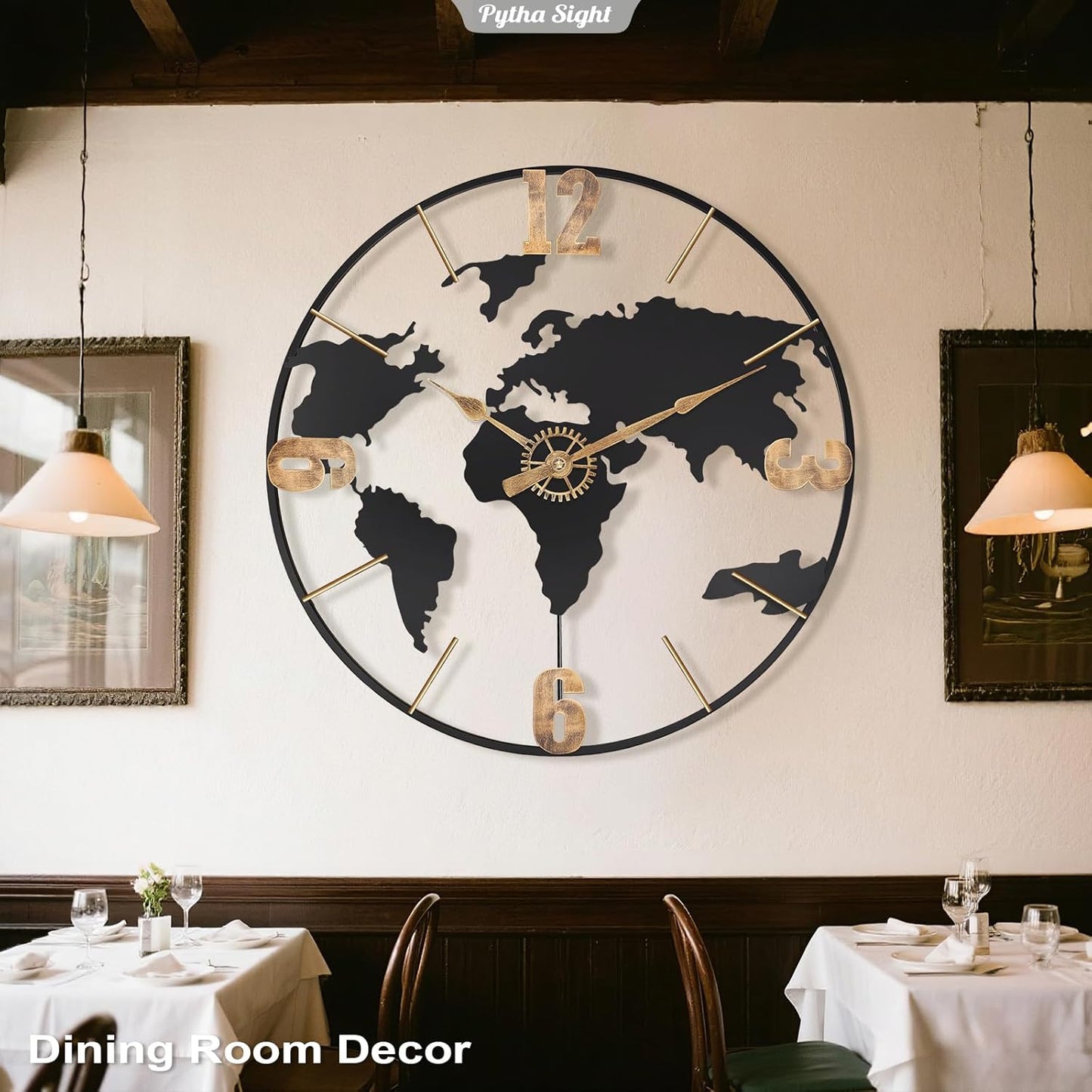 24 Inch Large Wall Clock,Modern Decorative Big World Map with Vintage Gold Arabic Numeral Extra Giant Metal Oversized Wall Clocks for Living Room,Office,Kitchen,Dining Room,Bedroom