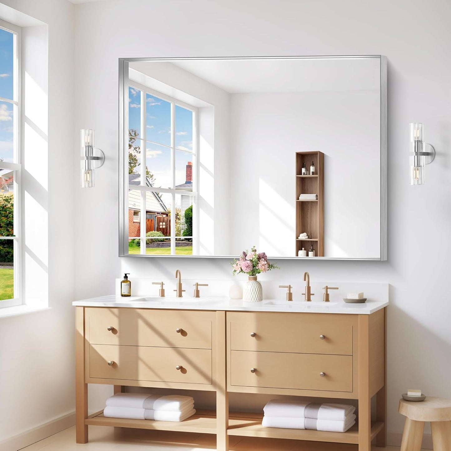 Silver Bathroom Mirror, 36x48 Inch Rectangular Deep Frame Mirror, Large Wall Mounted Bathroom Vanity Mirror Over Sink for Bedroom,Restroom, Living Room, Hangs Vertically or Horizontally