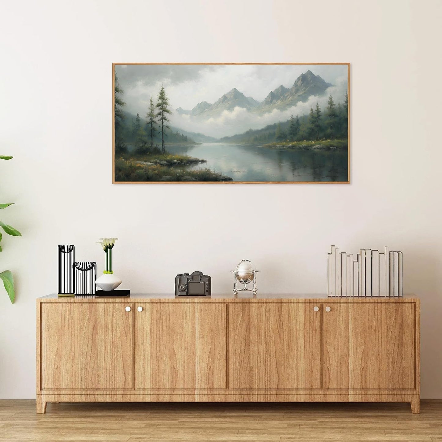 SIGNINART Large Misty Mountain Framed Canvas Wall Art, Green Forest River Scenery Wall Decor, Modern Foggy Wooden Landscape Artwork, Oil Style Nature Art Print for Living Room Bedroom Office 20"x40"