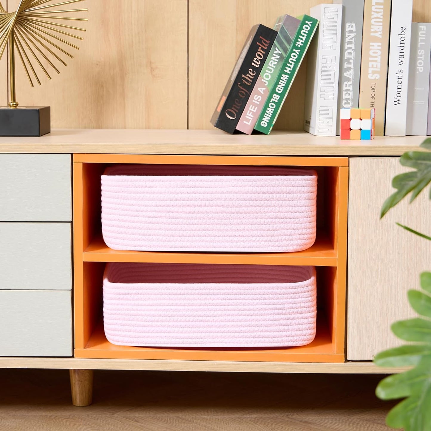 Large Shallow Organizing Baskets 15x11x5.1 Inches - Rope Woven Storage Bins for Bathroom, Shelves, Cube Closet, Light Pink 2 Packs