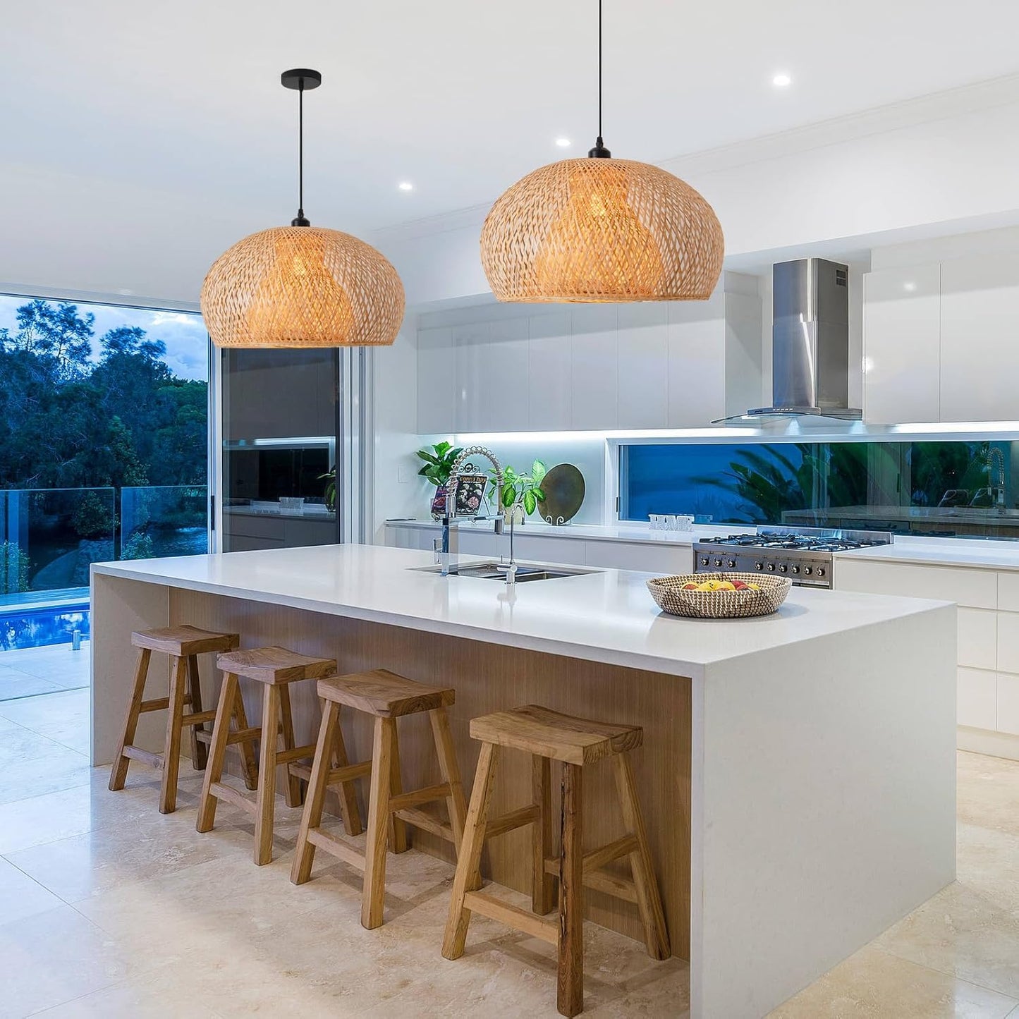 23.6" Bamboo Pendant Light Hand-Woven Rattan Hanging Lamp Boho Bamboo Chandelier for Dining Living Bedroom Kitchen Farmhouse