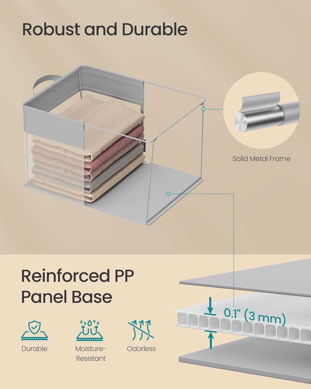 SONGMICS Storage Bins Set of 3, Medium Fabric Storage Baskets, Foldable Organizer with Transparent Nylon Mesh, 15.7 x 11.8 x 9.8 Inches, Handles, for Bedroom, Living Room, Dove Gray URFB940G01