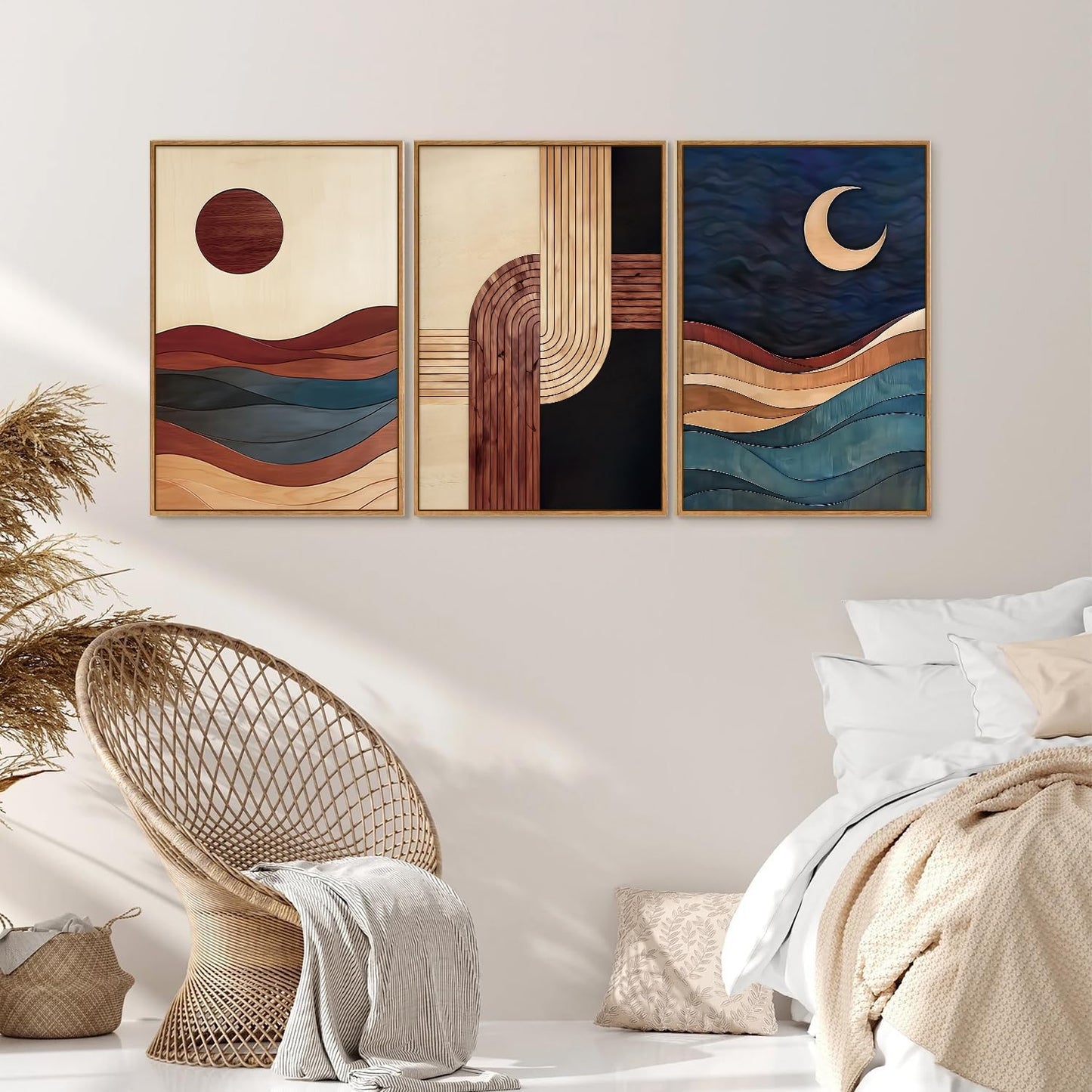 SIGNINART Boho Mid Century Modern Framed Canvas Wall Art, Bohemian Geometric Wall Decor, Abstract Sun and Moon Artwork,Beige and Black Wooden Art Paintings for Living Room Bedroom Office 16"x24"x3
