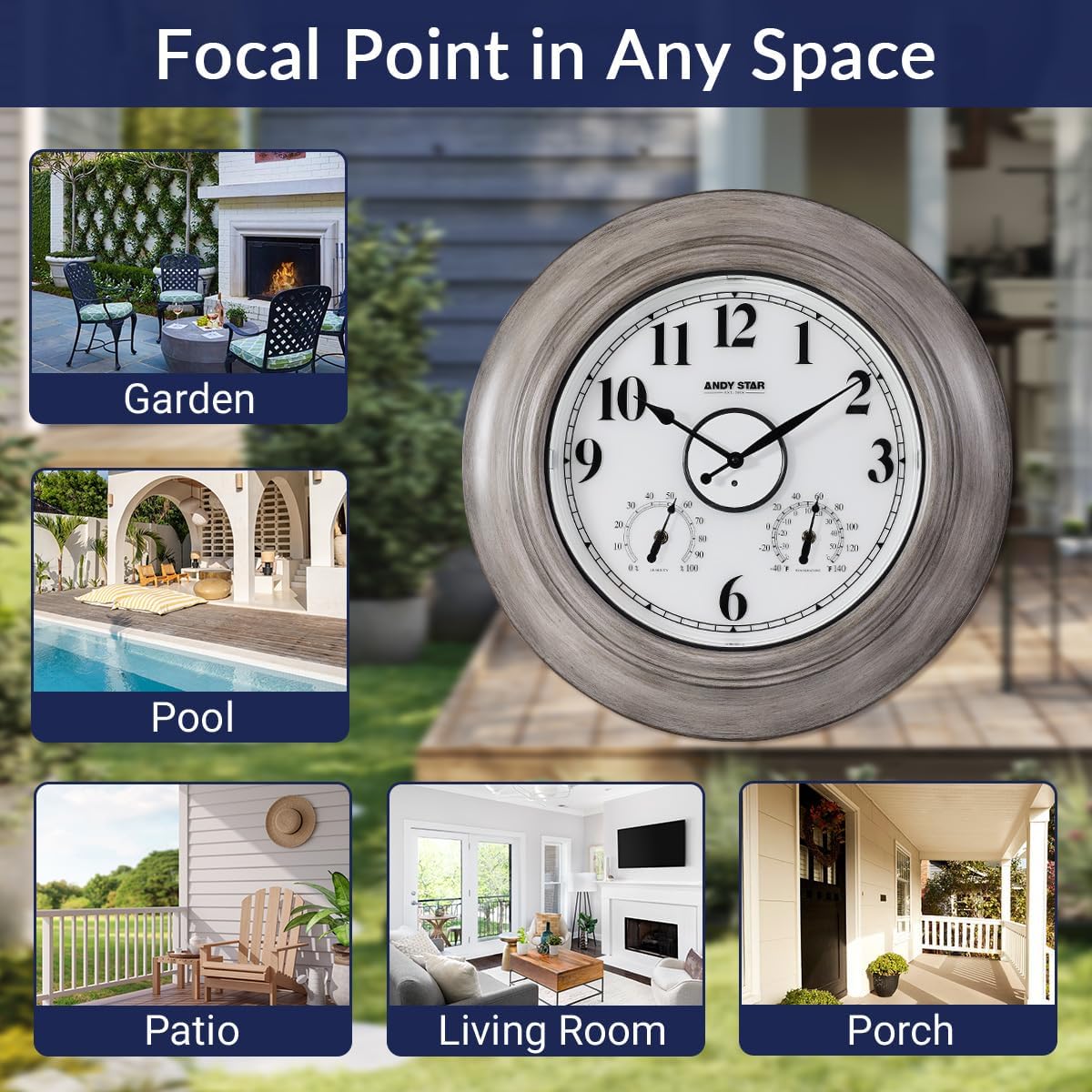 Andy Star 21 Inch Large Luminous Outdoor Wall Clock and Temperature for Patio, Pool, Oversized Round Wall Clocks Waterproof, Vintage Brushed Gray Oak Wooden Finish Silent Non Ticking