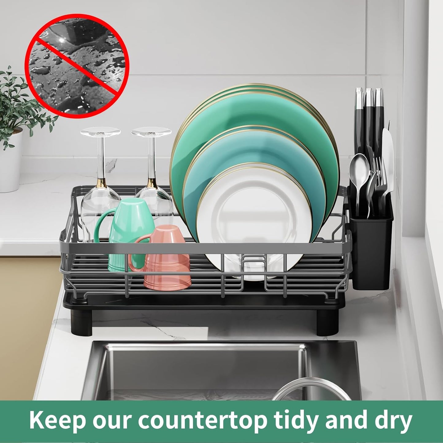 MOUKABAL Dish Drying Rack, Dish Rack, Large Dish Racks for Kitchen Counter, Drying Rack Kitchen with Removable Utensil Holder, Drainboard (Grey/Gray)