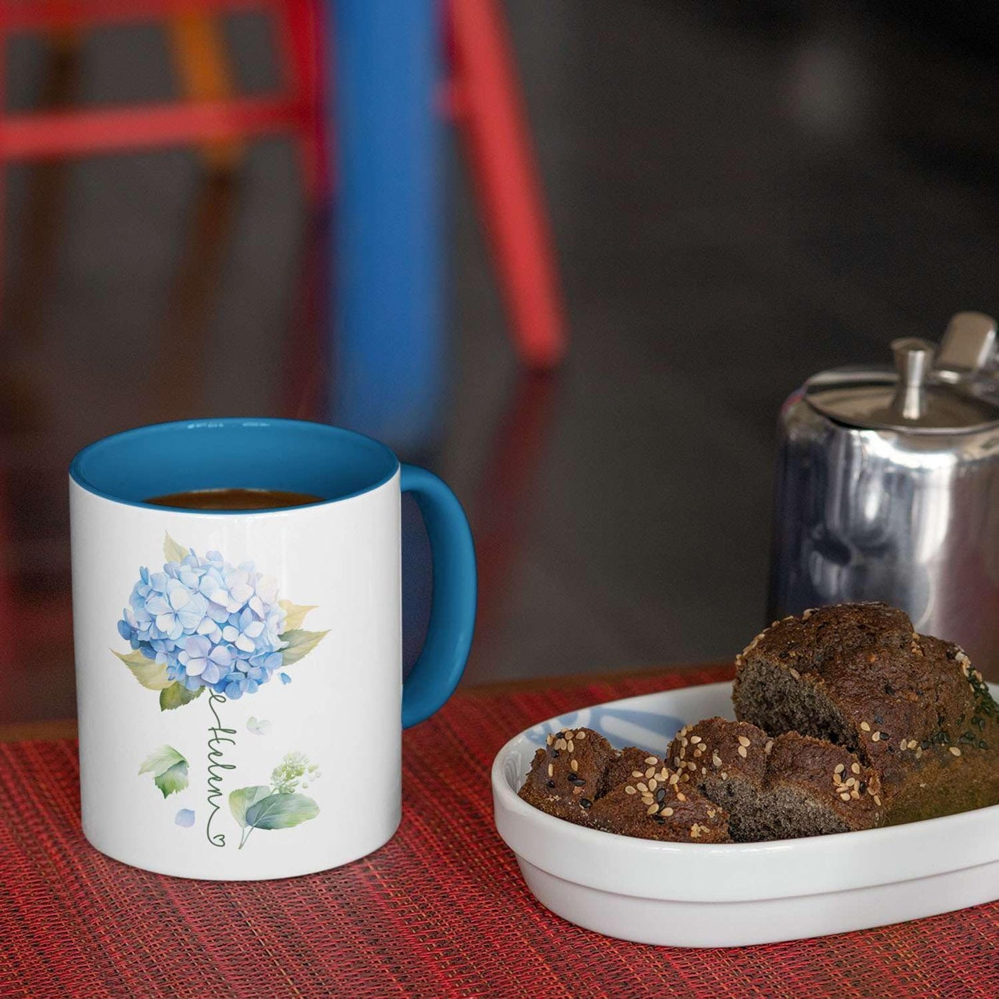 Custom Hydrangea Blossom Design Mug, Personalized Name Blue Flower Coffee Cup, Customized Flower Ceramic Mug For Floral Lover, Hydrangea Decorative Cup 11oz Or 15oz, Gift For Birthday