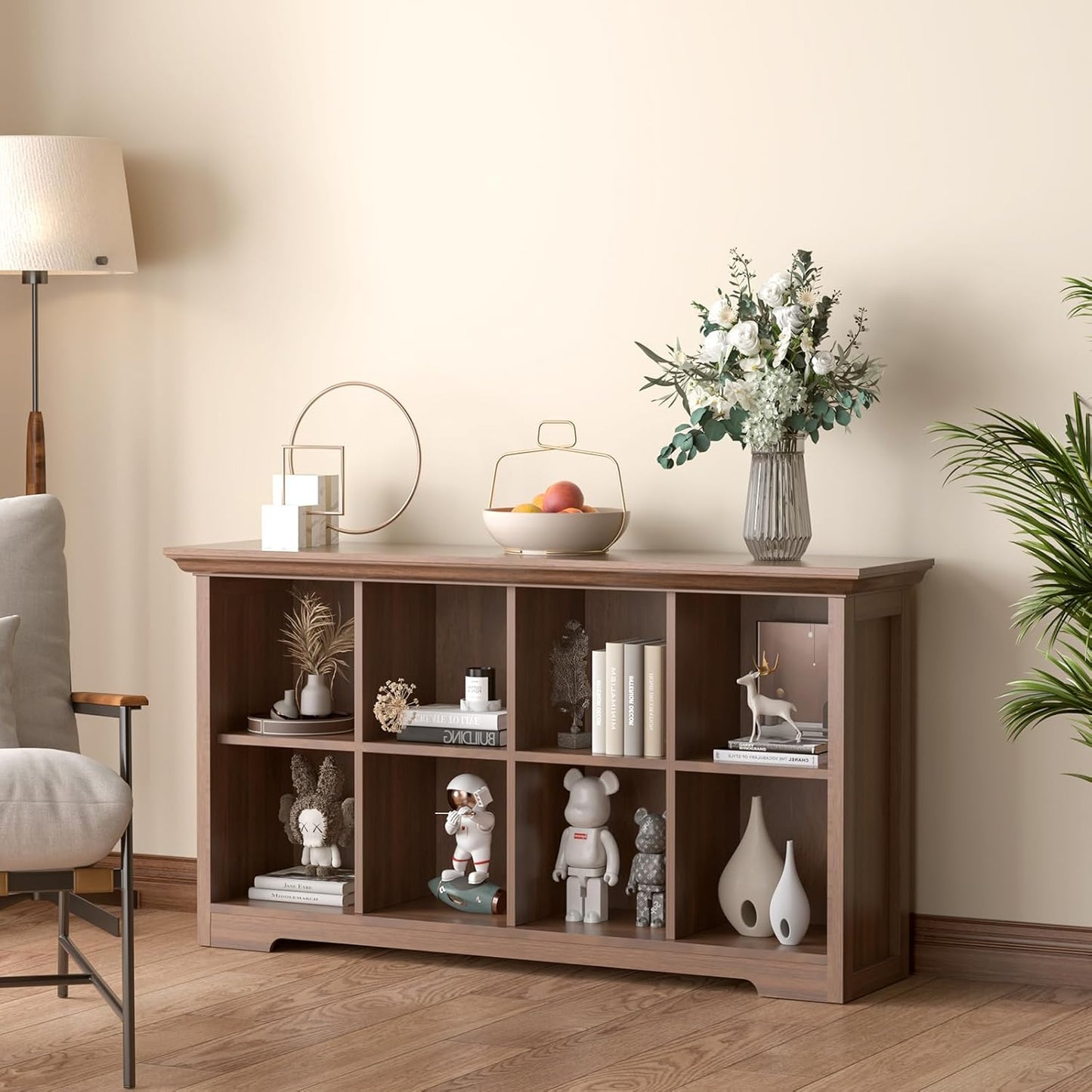 Cube Shelf Bookcase with Base - Wooden 2 Tiers Floor Standing Low Storage Cabinet for Home and Office, 8-Cube Lattice Bookshelf, Walnut