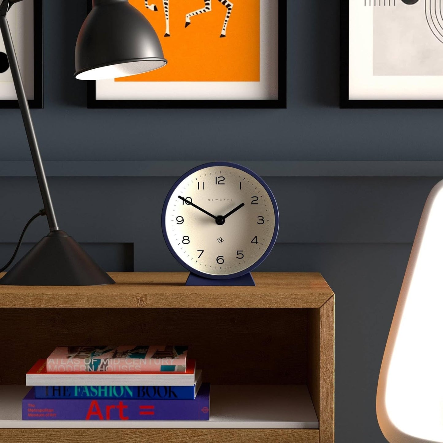 NEWGATE® M Mantel Echo Desk Clock | Modern Round Design | Navy Blue | Easy to Read Numbers | Contemporary Style for Desk, Table, Shelf or Bedside