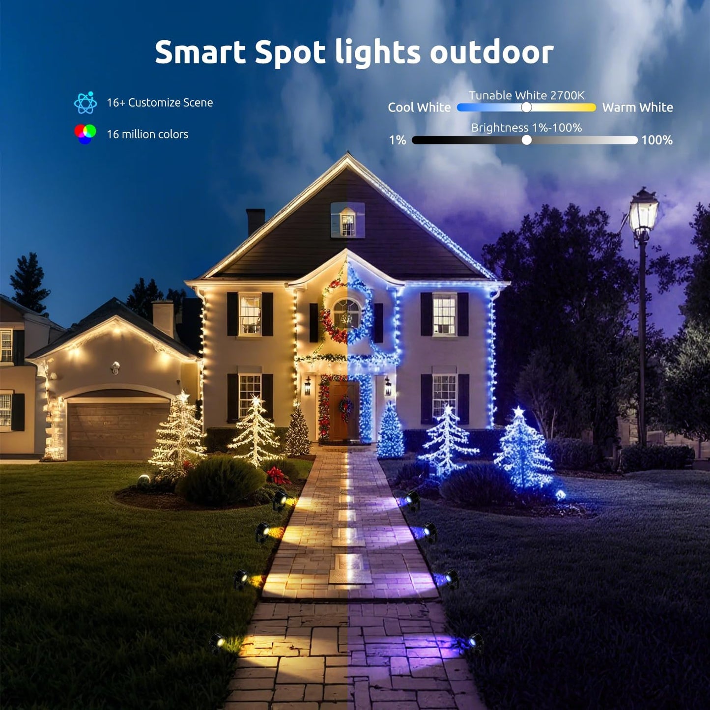 Smart RGBW Spot Lights Outdoor, 8 Pack Low Voltage Landscape Lighting with APP & Remote Control, Waterproof and Timing, Color Changing Outdoor spot Lights for Yard Halloween Christmas Decorations