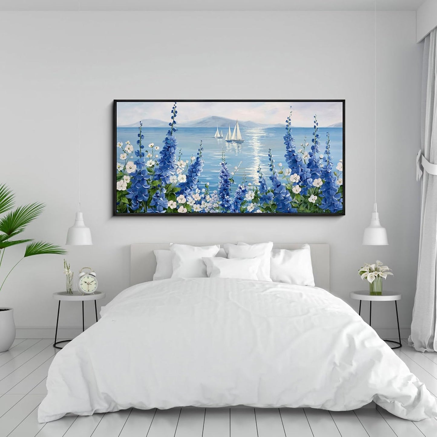 XLSJERST Large Sailboat Wall Art - Blue Canvas Abstract Painting Textured Picture Artwork Vintage Nautical Flower Painting Coastal Modern Print 29"x58" Frame for Living Room Bedroom Home Decoration
