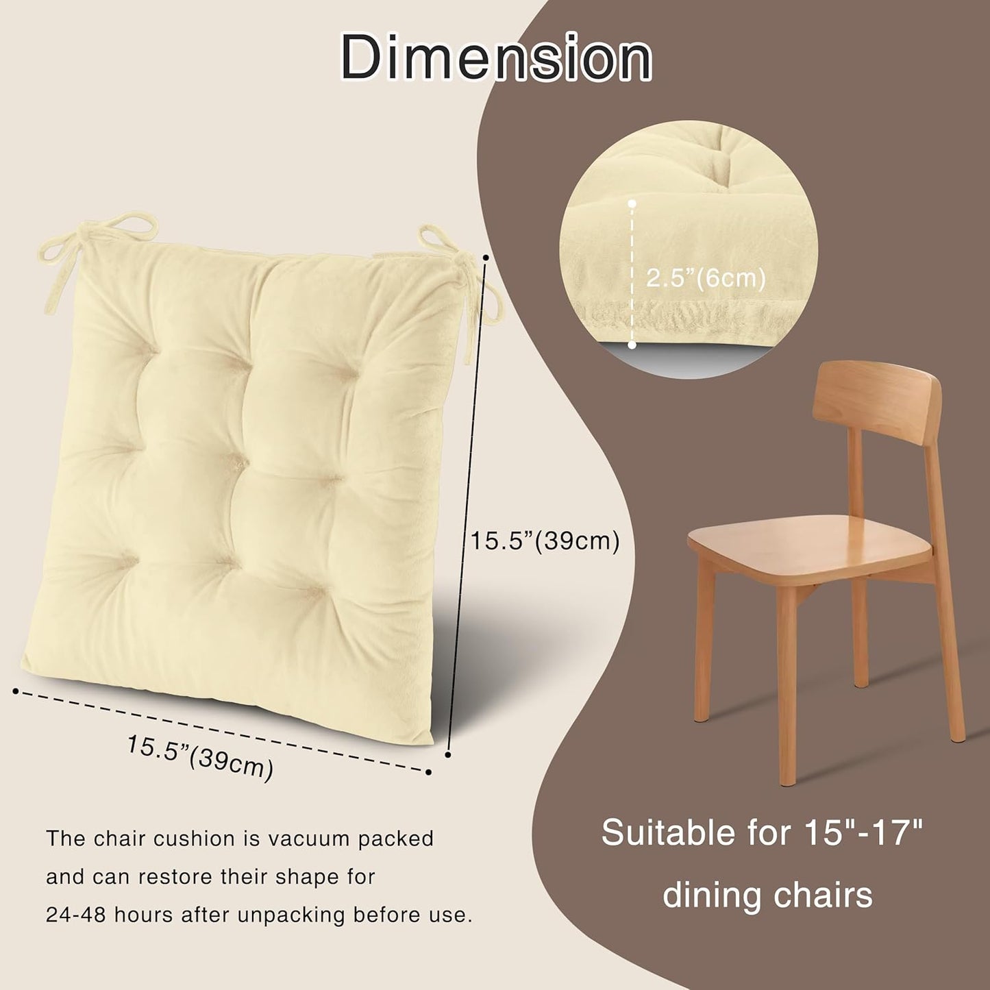 OVOV Chair Cushions for Dining Chairs Set of 6 Tufted Indoor Chair Pads with Ties Soft Square Seat Cushions for Kitchen Chairs 15.5"x15.5",White