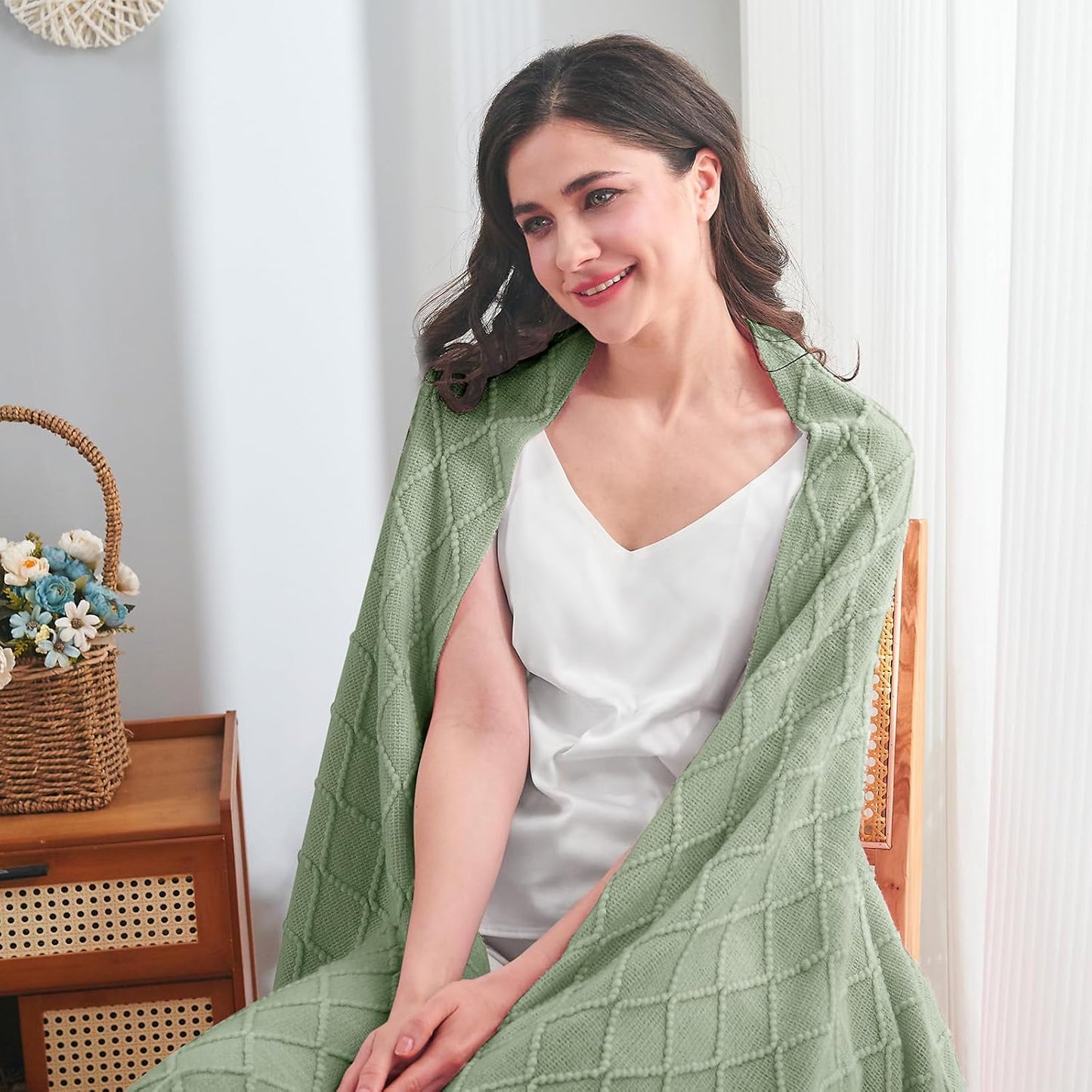 inhand Sage Green Throw Blanket for Couch, Soft Living Room Home Decor Knitted Twin Size Blanket, Outdoor Lightweight Breathable Summer Blanket, Farmhouse Warm Woven Decorative, 60"x80"