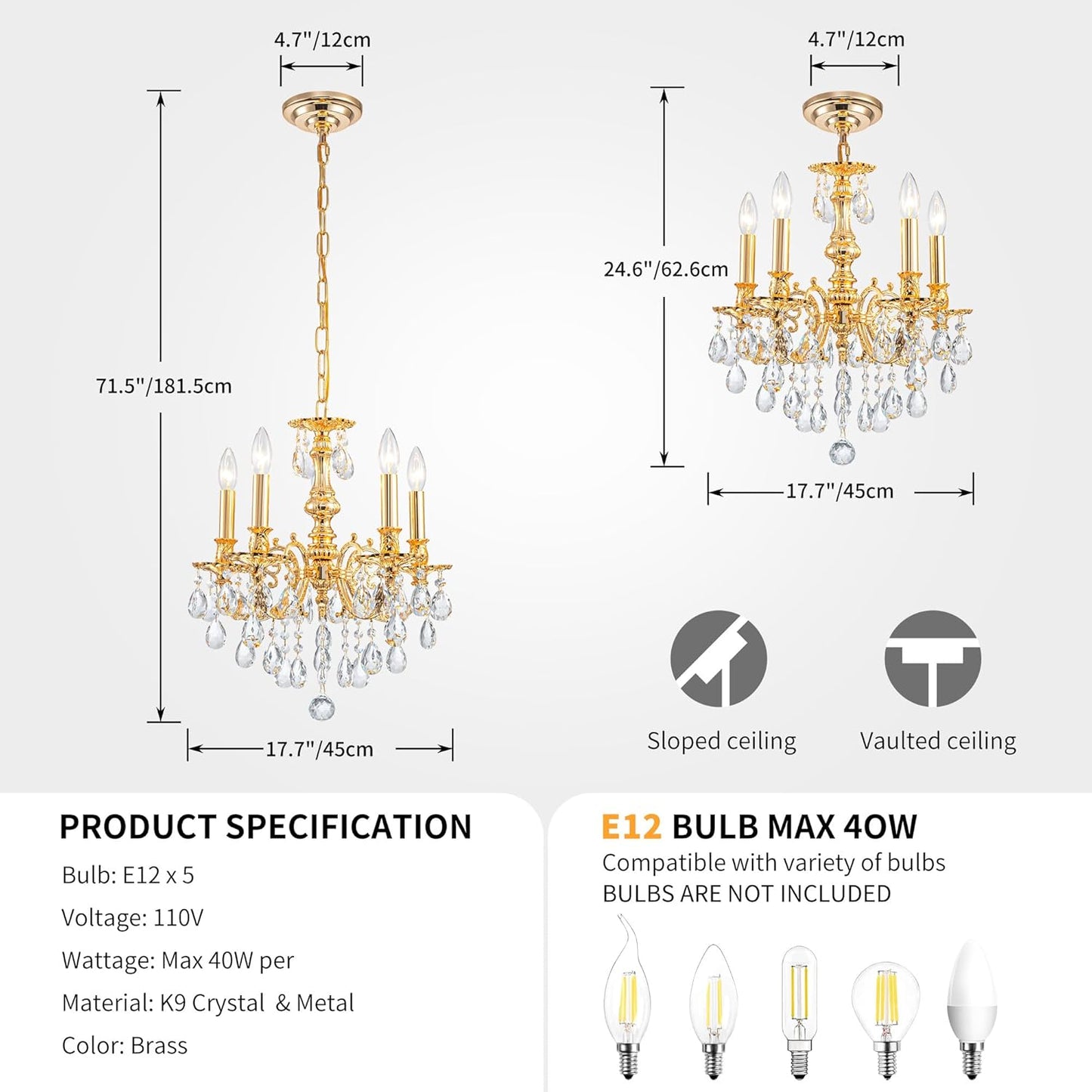 French K9 Crystal Maria Theresa Chandeliers, Luxury Vintage Pendant Light Fixture for Dining Room, Living Room, D17.7*H25~72 inch (Adjustable), Clear Crystal & Brass Finish Frame