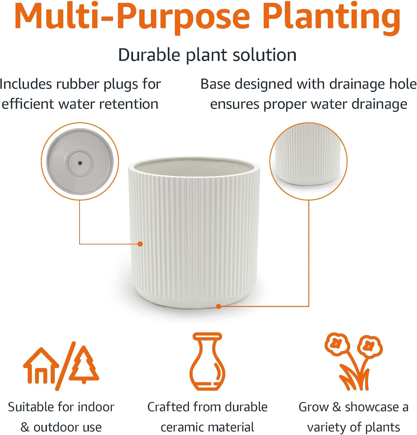 Amazon Basics Fluted Ceramic Round Planter, 8-inch, White