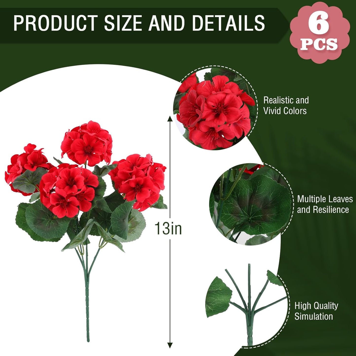Hananona 6 Bundles Artificial Geranium Flowers for Outdoors Silk Geranium Flowers Outdoor UV Resistant Garden Plants Faux Flower for Home Kitchen Table Centerpieces Decor (6, Red)
