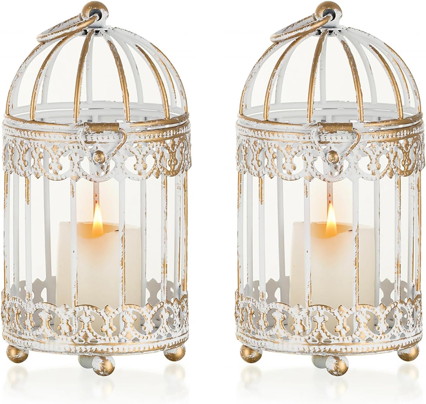 NUPTIO Tea Light Candle Holders: 2 Pcs 6 inch H Distressed White Bird Cage Lantern Centerpiece Hanging Metal Birdcage Tealight Votive Holder for Home Fireplace Dining Table Living Room Decoration