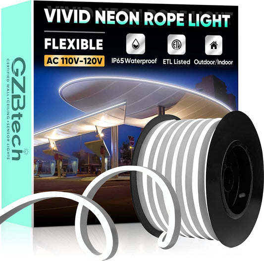 GZBtech Flexible LED Neon Rope Lights 50FT,AC 110-120V Waterproof Strip Light, 120 LEDs/M Cuttable Connectable Neon Lighting for Indoor Outdoor Home Decor/Commercial Building Use-Cold White 15M