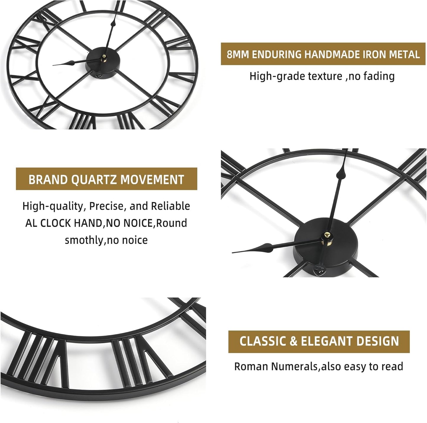 Large Wall Clock for Living Room Decor - 60cm/ 24 Inches Silent Non-Ticking Metal Wall Clocks Battery Operated, Vintage Decorative Modern Wall Clock for Bedroom, Office, Farmhouse Decor