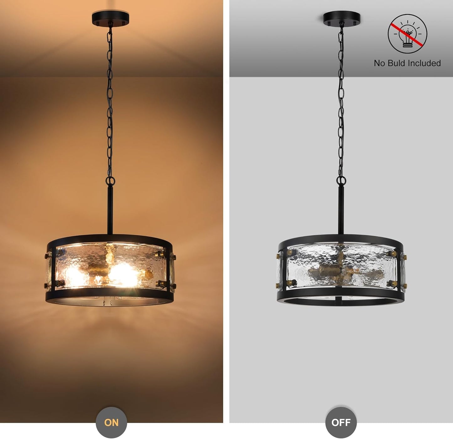 13" Industrial Drum Glass Chandelier, 3-Light Rustic Hanging Pendant Lights, Metal Round Lighting Fixture for Dining Room Foyer Entryway Hallway Bedroom, Clear Waterglass Drum Shade