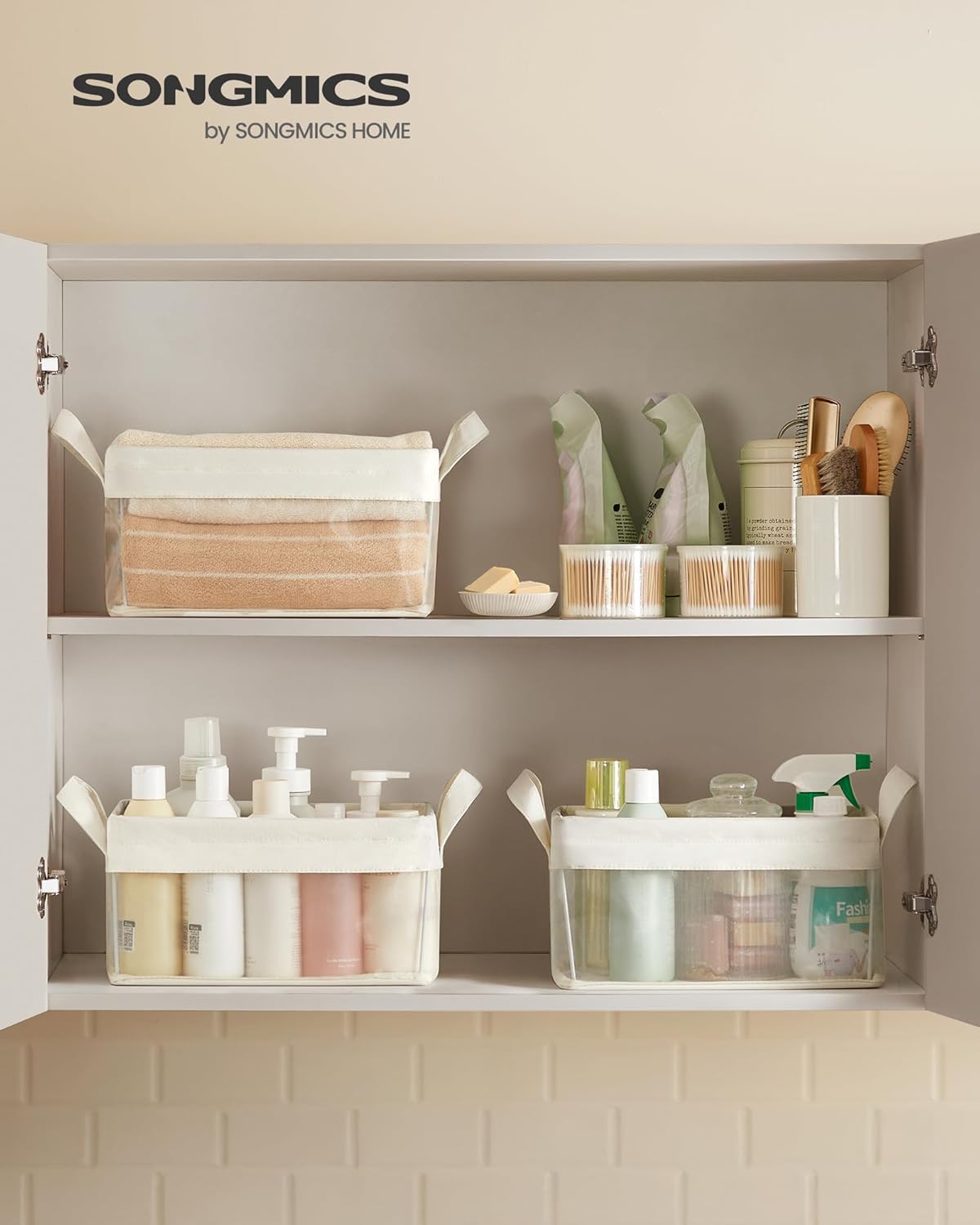 SONGMICS Storage Bins Set of 3, Small Fabric Storage Baskets, Foldable Organizer with Transparent Nylon Mesh, 11.8 x 7.9 x 5.9 Inches, Handles, for Bathroom, Kitchen, Cream White URFB915W01