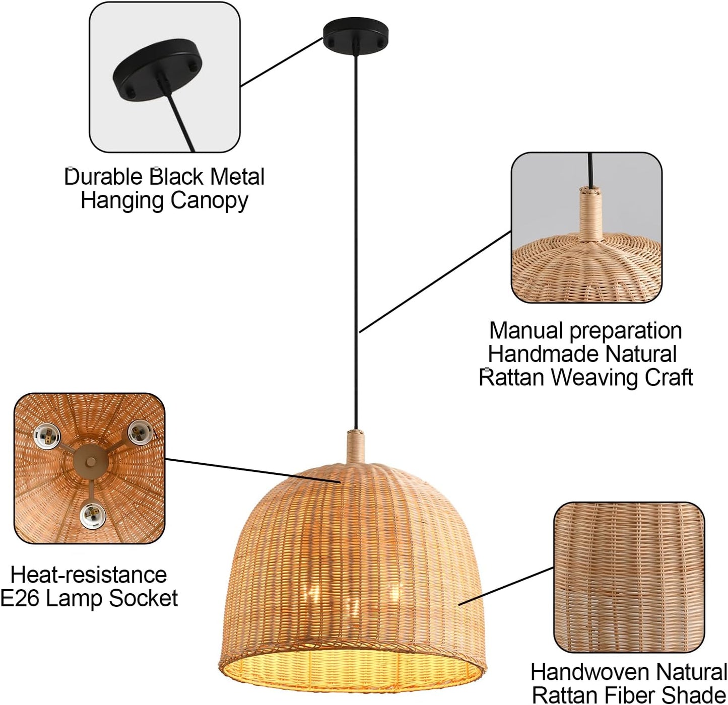 3-Light Rattan Pendant Light,17.7" Boho Pendant Light Wicker Hanging Light,Hand-Woven Rattan Chandelier for Dining Living Bedroom Kitchen Farmhouse