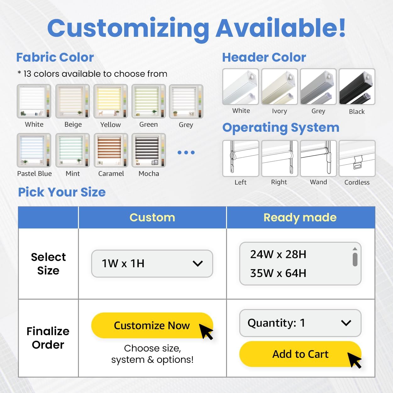 Foiresoft Standard Zebra Roller Blinds for Windows [W33 x H64 Inch, White, Basic], Light Filtering Dual Layer Shades for Bedroom, Living Room, Office, 13 Colors