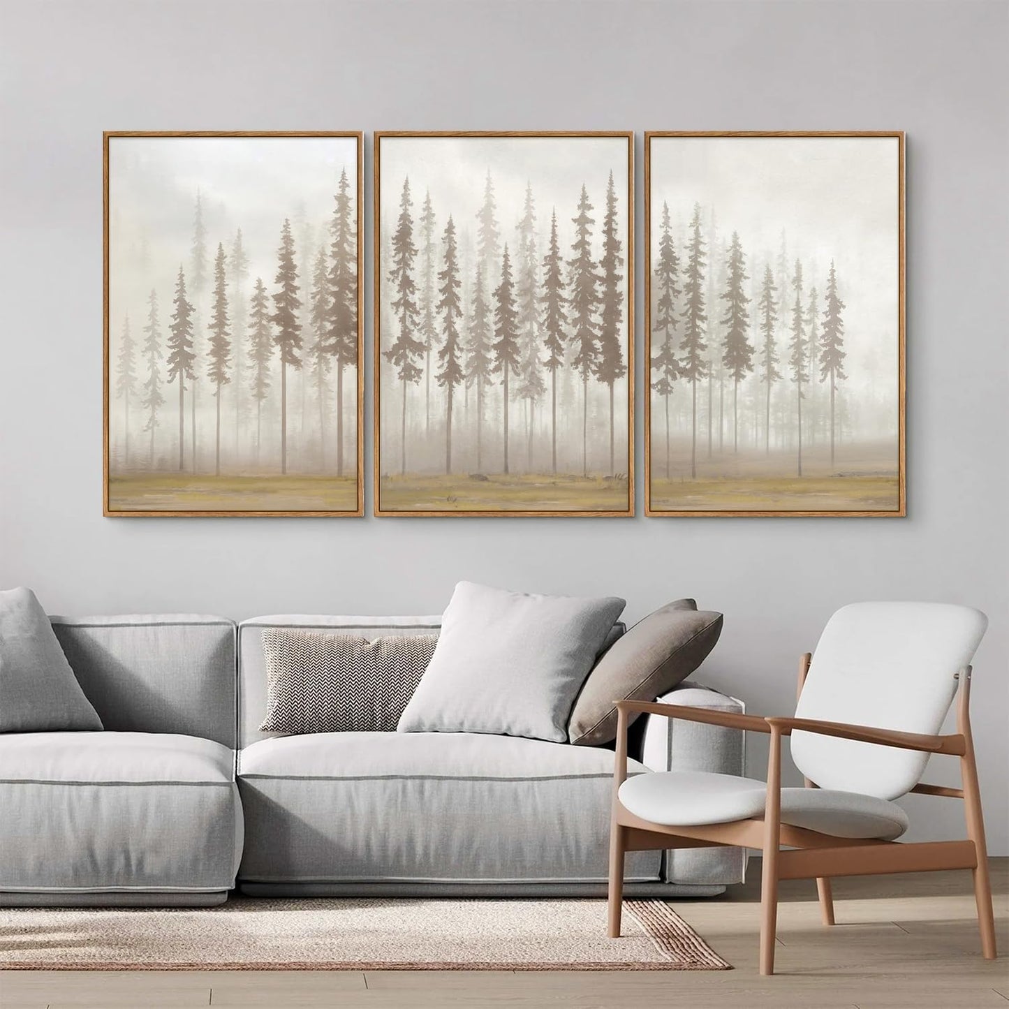 SIGNINART Large Pine Tree Framed Canvas Wall Art Set, Foggy Forest Landscape Wall Decor, Modern Beige Nature Artwork, Misty Forest Wall Painting for Living Room, Bedroom,Office 16 x24 x3