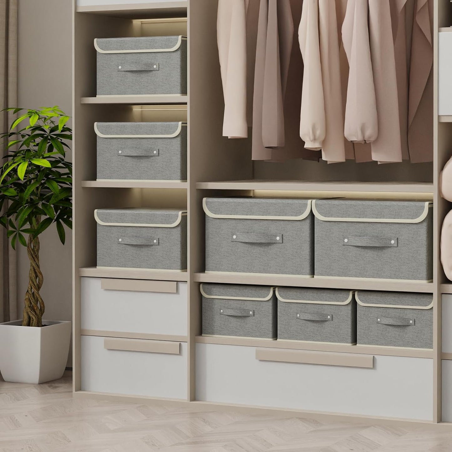 Storage Boxes, Collapsible Storage Bins with Lids, Cotton and linen cloth Storage Baskets with Handle, for Books, Closet, Bedroom, Home, Grey, 3 Pack 10.2 X 7.9 X 6.7in