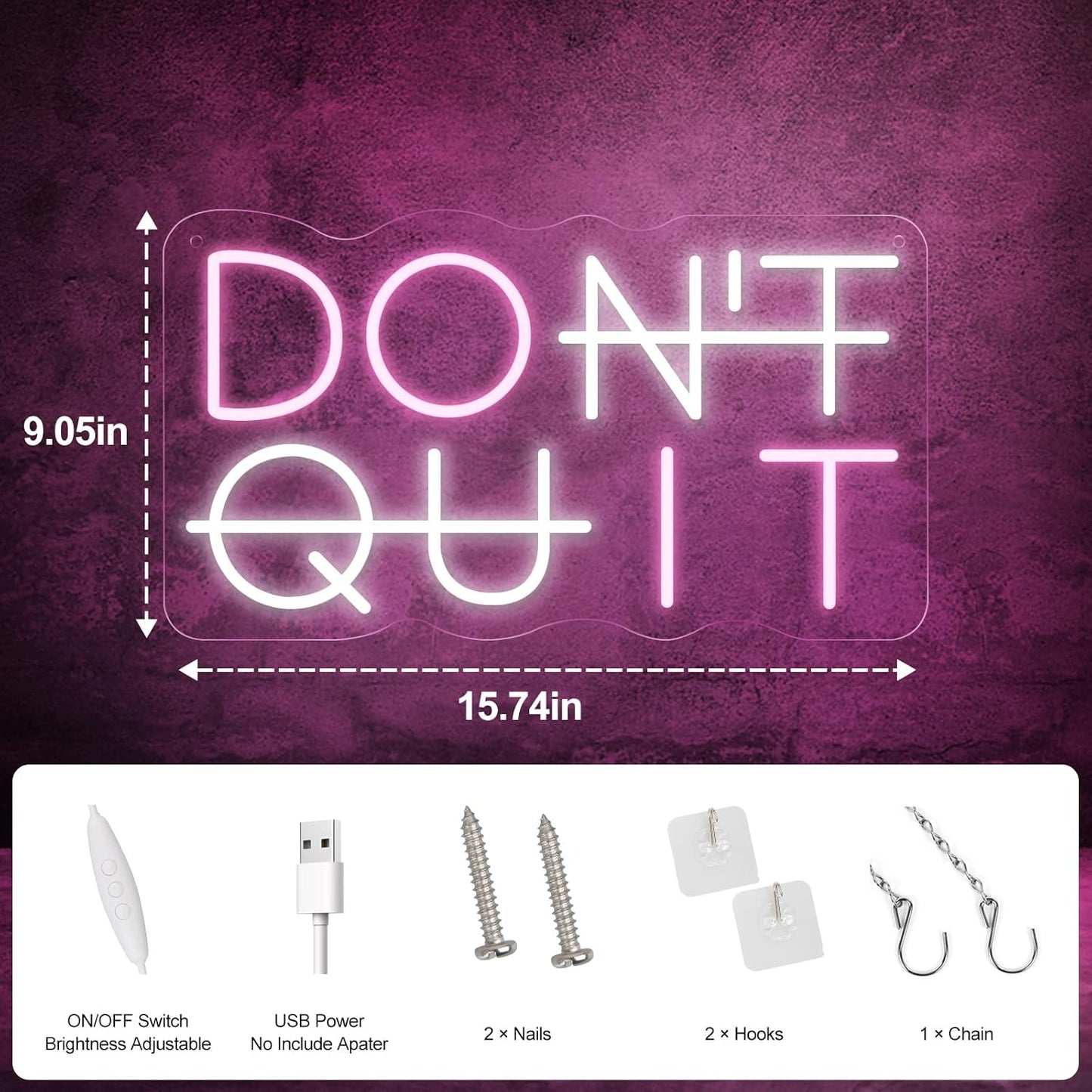 Don't Quit LED Neon Sign for Wall Decor, DO IT Neon Lights Party Decorations, USB Powered Switch Lighting Adjustable for Office, Gym, Man Cave, Gamer Room Decor