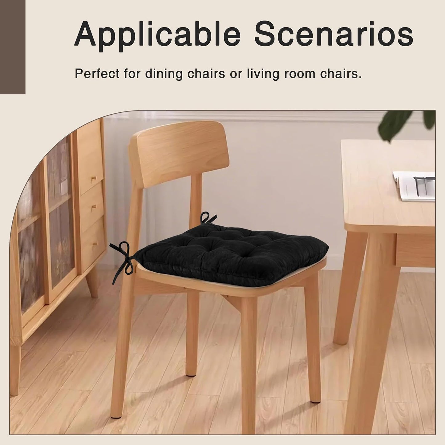 OVOV Chair Cushions for Dining Chairs Set of 6 Tufted Indoor Chair Pads with Ties Soft Square Seat Cushions for Kitchen Chairs 15.5"x15.5",Black