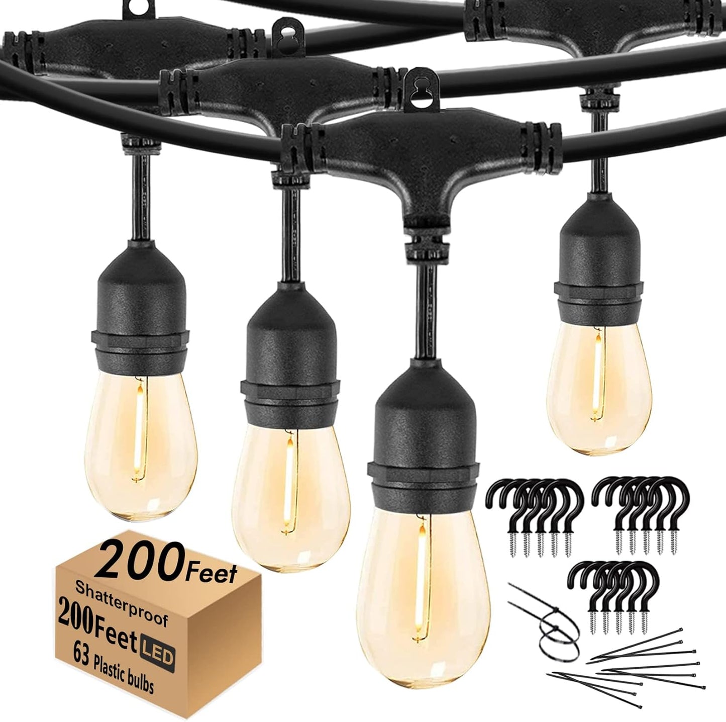 200FT String Lights for Outside LED Patio Lights Outdoor Waterproof with 63 Shatteproof Edison Lights Outdoor String Lights 2200K for Patio Gazebo Pergola Café