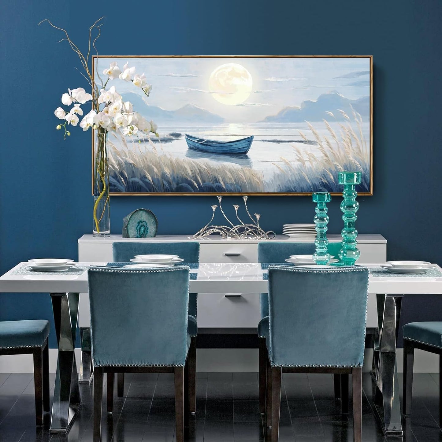 amatop Large Framed Wall Art Bedroom Living Room Decor Blue Boat Moonlight Coastal Seascape Picture Landscape Decorative Canvas Print Tranquil Night Ocean Lake Scene Artwork Nautical Wall Decor 48x24